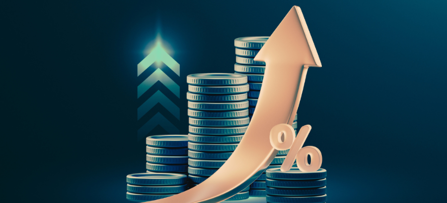 Coins and percentage with 2 upward arrows