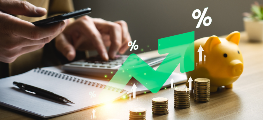 Piggy Bank with percentages and upward arrow