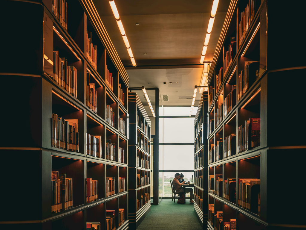 Dimly lit library